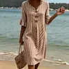 2026 Nuevo Vestido Largo Rayado de Cuello en V con Volantes y Botones Transfronterizo Moda Casual para el Trabajo Falda Larga Estilo Verano para Mujeres