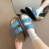 Pantuflas Birkenstock de Cuero Genuino de Doble Botonadura con Suela Suave para Verano Calzado de Exterior Sandalias Planas Casuales de Playa con Suela Gruesa para Mujer