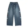 Calça Jeans JIAMU estilo Americano com Patch de Estrela para Homens e Mulheres, Marca Trendy, Perna Larga, Solta, Lavagem Curva, Calça Estilo Street Vintage