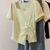 Camiseta Assimétrica com Cordão, Gola Quadrada, Manga Curta, Plus Size, para Mulheres, Verão, Nova, para Gordas, mm, Solta, Efeito Emagrecedor, Peça Externa Versátil
