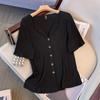 Top de Algodão com Listras Verticais e Decote em V Profundo para Meninas Plus Size Estilo Mori Verão Camisa Feminina Única Camisa Super Bonita e Chique 3370