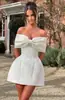Vestido Jacquard Tomara-que-caia Doce Slim-Fit Novo de Verão Europeu e Americano com Laço, Vestido Curto Branco de Um Ombro