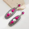 Brincos Retro Ocidentais He Ming Transfronteiriços para Mulheres, Brincos de Turquesa Vazados Longos Exagerados Cravejados de Diamantes, Brincos Simples