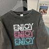 Camiseta feminina de algodão 100% puro, lavada, manga curta, verão, meia-manga, lavada, retrô, desgastada, moderna, gola redonda, estampada