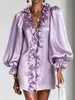 Llegada nueva de Amazon transfronterizo: Mini vestido brillante, transparente, con cuello con volantes y mangas abullonadas, de escote en V pronunciado, creando un look ligero y lujoso para mujer