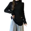 Top de Mujer de Canalé con Cuello Alto Corto y Mangas Largas Talla Grande para Otoño e Invierno, Nuevo Estilo Coreano, Corte Holgado, Adelgazante, Capa Base Cálida