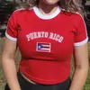 Top Corto de Verano para Mujer de Manga Corta con Bordado de Letras de Bandera Versátil Ajustado Camiseta de Manga Corta Mundial Ins