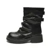 1258-5 Outono/Inverno Novo Botas de Cano Médio Femininas Plataforma Salto Bloco Couro Desgastado Fivela Dupla Retro Tornozelo