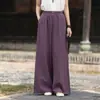 Novas calças de algodão e linho estilo chinês de perna larga para mulheres, com design casual solto inspirado no Zen, caimento relaxado, caimento fluido e corte reto.