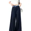 Pantalones casuales de cuadros azul marino con doble cintura y retazos para mujer, versátiles de verano, delgados, estilo americano, holgados, fluidos, de pierna ancha, casuales