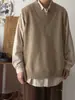 Chaleco Suéter de Punto Casual Holgado con Cuello en V para Hombre Otoño/Invierno Japonés Color Sólido Retro Unisex Chaleco para Pareja Hombres Mujeres