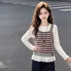 Dropshipping de Roupas Infantis Conjunto Listrado para Meninas Primavera Outono Estilo Coreano Colete de Outono Infantil Camiseta + Calça Larga para Meninas Conjunto de Três Peças