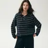 Suéter de tricô de cashmere de alta qualidade, estilo retrô, com gola polo, blocos de cor e listras, para mulheres, versátil e de corte solto para o início do outono e para o trabalho