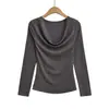 2564-25 Novo Estilo de Inverno Estilo Europeu e Americano Sexy Gola Pura Desejo Manga Longa Plissado Slim Camisa de Base Top Camiseta