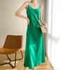 Vestido de Cetim com Drapeado e Alças Finas para Mulheres na Primavera e Verão Decote V com Cintura Alta Cor Lisa Versátil Saia Longa de Base Saia Evasê
