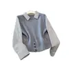 Chal de Punto Elegante para Mujer de Alta Gama, Falso Dos Piezas con Cuello Camisero y Dobladillo Abotonado, Top de Manga Larga