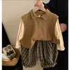 Conjunto Infantil 2026 Novidades de Primavera Meninos Meninas Estilo Coreano Retrô Falso Duas Peças Camisa Polo Calça Xadrez Conjunto de Duas Peças Tendência