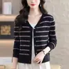Cárdigan de punto a rayas con cuello de 26V, nuevo estilo primavera/otoño, moderno, talla grande, corte holgado, adelgazante y rejuvenecedor, abrigo suéter