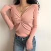 Camiseta de Manga Larga de Otoño para Mujer, Estilo Celebridad de Internet, Súper Popular en Instagram, Efecto Adelgazante, Diseño de Cuello en V, Tejido