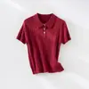 26º Verano Nuevo para Mujer Retro Tejido de Canalé Cuello Polo Manga Corta Ajustado Elegante Cuello Solapa Top Camiseta
