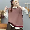 Colete de tricô color-block para mulheres, estilo japonês, gola redonda, sem mangas, caimento solto, perfeito para sobreposição, peça externa, colete de tricô