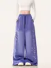 Pantalones de chándal unisex estilo americano, lavados en la calle, con estampado de letras y cordón, para primavera, otoño e invierno, corte holgado, high-street, pierna ancha, casual
