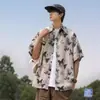 Camisa de Manga Corta con Estampado de Mariposas de Diseño Único para Hombre, Marca de Moda, Estilo Chino, Retro, Corte Holgado, Cuello de Solapa, Camisa con Estampado Completo