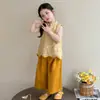 Conjunto de Streetwear Sem Mangas Estilo Hanfu para Meninas, Novo Conjunto de Duas Peças com Colete e Calça de Pernas Largas Estilo Chinês para Crianças