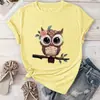 Camiseta Casual de Manga Corta para Mujer con Estampado de Búho de Dibujos Animados y Patrón Geométrico Floral en el Cuello Redondo