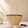 2026 Nueva Bolsa de Paja con Borde Negro Bolso Tejido a Mano Bolsa Tote de Hombro de Gran Capacidad para Vacaciones en la Playa