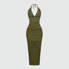 Ropa de mujer europea y americana transfronteriza Primavera y verano Nueva moda Escote en V profundo Cuello colgante Color sólido Plisado Elegante Vestido ajustado
