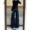 Jeans de Pierna Recta de Ajuste Delgado con Doble Cintura Azul Denim de Calle Americana para Mujer Primavera/Otoño de Tiro Bajo