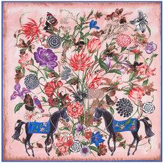 Nueva bufanda cuadrada grande para mujer, de otoño e invierno, de 130 cm x 130 cm, de seda sarga pesada con estampado floral de caballo.