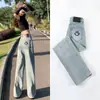 Jeans Vintage de Pierna Ancha Estrecha para Mujer Otoño 2024 Moda Nuevo Cintura Alta Gris Cemento Bordado Pierna Recta