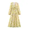 Ins estilo europeu e americano transfronteiriço 2026 nova moda elegante feminino atacado para o dia a dia vestido de manga comprida estampado com decote V