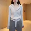 Casaco Cardigan de Lã 100% Estilo Old Money Outono/Inverno para Mulheres, Suéter com Capuz Zíper Tricô Trançado