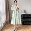 Vestido Midi Francês Doce com Manga Bufante, Solto, Cintura Marcada com Franzido e Amarração, para Mulheres, Rejuvenescedor
