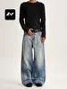 Calça Jeans Lavada Azul Retrô Americana Fengmei para Homens e Mulheres Solta High Street Desgastada Fivela Ajustável Casual Reta Perna Larga