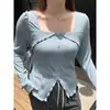 Camiseta Irregular de Manga Larga con Cuello Cuadrado que Cubre el Vientre para Mujer Talla Grande, Top Base Adelgazante de Otoño para Mujeres Talla Grande 63509