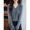 26 Suéter de punto acanalado con cuello en V Otoño/Invierno, jersey holgado de manga acampanada para mujer, top elegante para llevar debajo