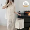 Pijama de tres piezas de algodón nube para mujer, verano, manga corta, dulce, de alta gama, simple, casual, ropa de casa, conjunto fino