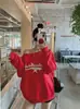 Foto real: Moletom versátil de ombro a ombro com estampa de letras estilo coreano, top casual solto retrô americano