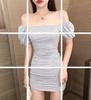 Vestido vintage ajustado de verano para mujer, con hombros descubiertos, cintura ajustada, adelgazante, sexy, con bolso plegado, falda a la cadera, 8027, cuello cuadrado, falda arrugada