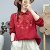 Camisa longa de algodão com gaze dupla e bordado pesado estilo chinês para mulheres, top vintage artístico bordado de algodão puro macio e amigo da pele, moderno