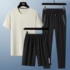Conjunto de Três Peças Respirável e Amigo da Pele para o Verão, Camiseta Versátil de Gola Redonda, Shorts de Manga Curta, Roupa Esportiva, Calças da Moda 2025 Novo