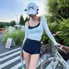 Nuevo Conjunto Sexy Apilado Ajustado Spice Girl Simple Color de Contraste Tirantes Conjunto de Tres Piezas Mangas Largas Cordón Calzoncillos Traje de Baño Conservador