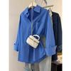 Camisa Azul Larga de Manga Comprida Feminina Novo Senso de Design de Uso Empilhado Nicho Pessoas Pequenas Camisa Casual Chenille Elastano