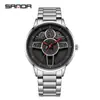 Reloj de cuarzo Sanda New 1110 de malla de cuero con volante para hombre, moderno y elegante.