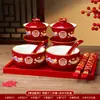 Tazas de Té para Brindis de Boda, Tazas y Cuencos de Pareja Dragón y Fénix, Juego de Cuenco y Palillos de Boda, Juego de Té Rojo para Novios