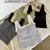 Primavera y Verano Estilo Coreano Sexy Diseño de Chaleco Botón Bolsillo Exterior para Usar Top Corto sin Mangas de Hombro Ancho